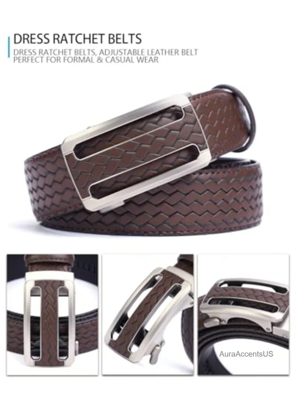 Men's Woven Leather Ratchet Belt, Adjustable Slide Dress Belt with Automatic